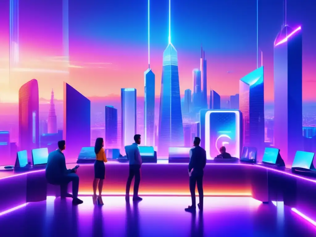 Paisaje digital futurista con staking Oportunidades de staking en Altcoins: paisaje digital futurista con rascacielos de vidrio transparente y dispositivos brillantes