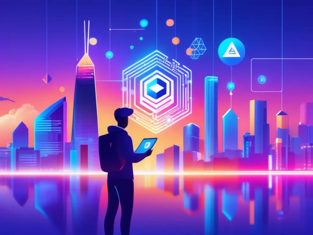 Paisaje digital con rascacielos de altcoin y staking Oportunidades de staking en Altcoins: paisaje digital vibrante con rascacielos de logos de altcoin brillando en el cielo crepuscular
