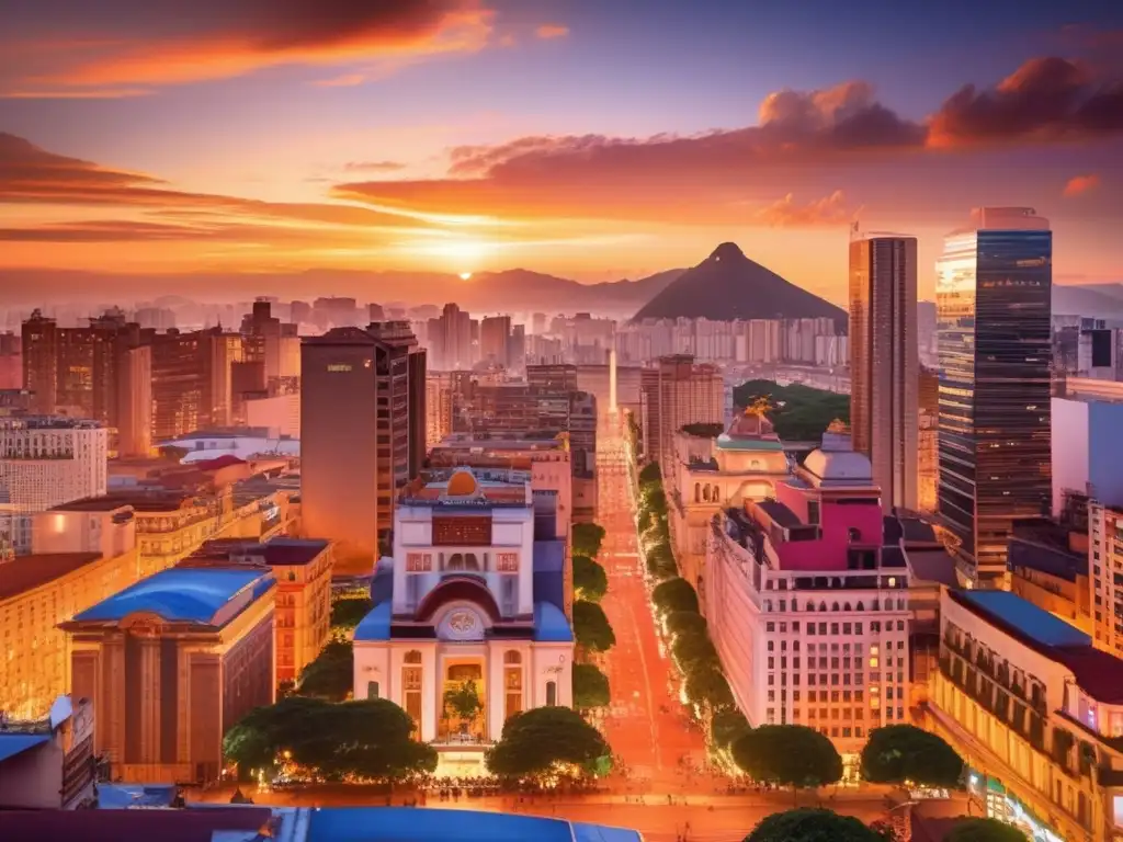Cityscape vibrante al atardecer, con íconos de Brasil, México y Argentina Oportunidades de inversión subestimadas en ciudades icónicas de Brasil, México y Argentina al atardecer