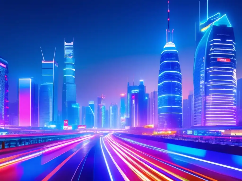 Ciudad futurista asiática iluminada por neones Oportunidades de inversión en Asia tecnológica: callejones nocturnos vibrantes con rascacielos iluminados por neón