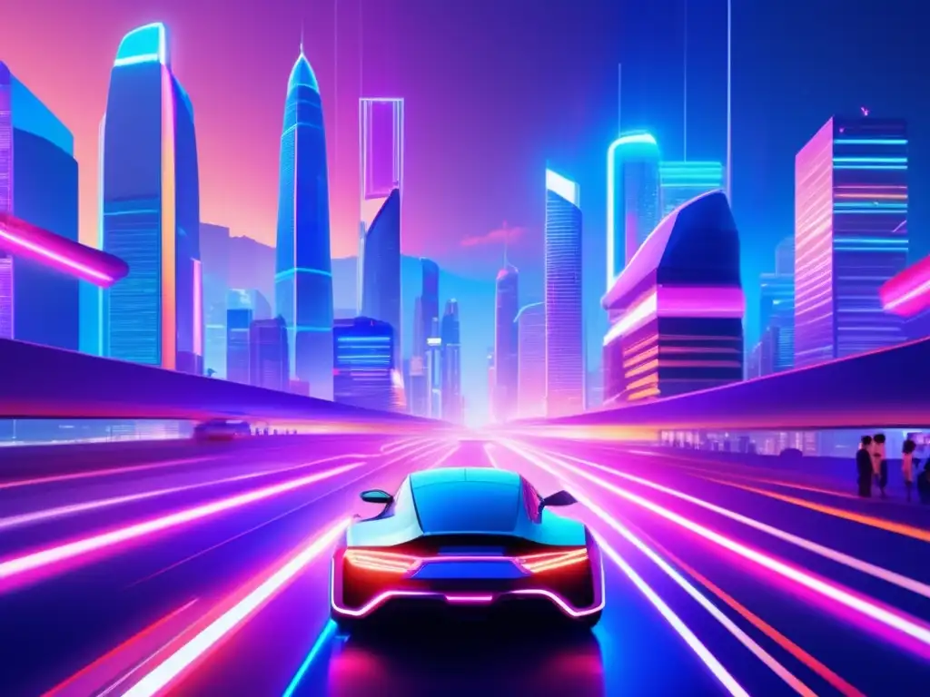 Ciudad futurista asiática con rascacielos y tecnología avanzada Oportunidades en Asia tecnológica: ciudad futurista con rascacielos, pantallas digitales y profesionales discutiendo con dispositivos móviles