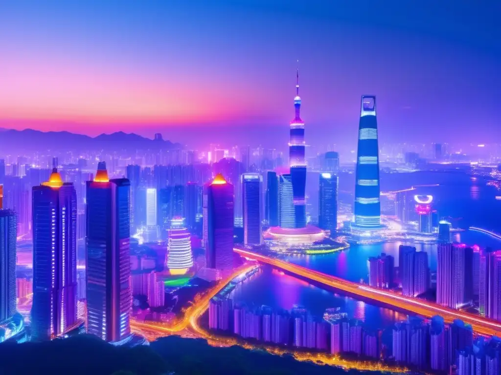 Ciudad asiática nocturna: fusión cultural y tecnológica Oportunidades de inversión en Asia tecnológica: ciudad asiática vibrante con rascacielos futuristas iluminados por luces de neón