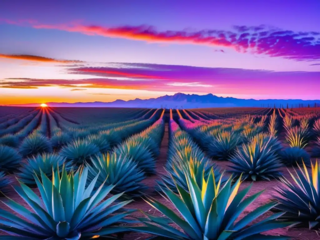 Campo de agave al atardecer Oportunidades de inversión en tequila y mezcal - Agave field at sunset, vibrant colors, majestic plants, golden sunlight, stunning backdrop