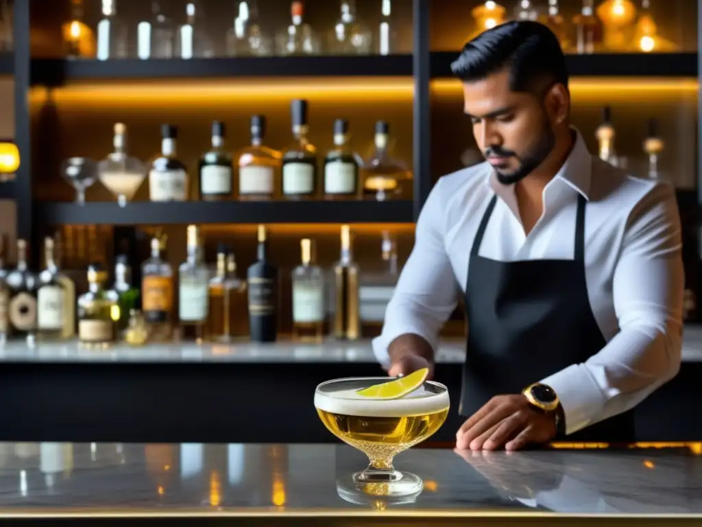 Barra elegante con tequila y mezcal Oportunidades en tequila y mezcal: bar elegante, botellas de cristal, mixólogo experto y ambiente sofisticado