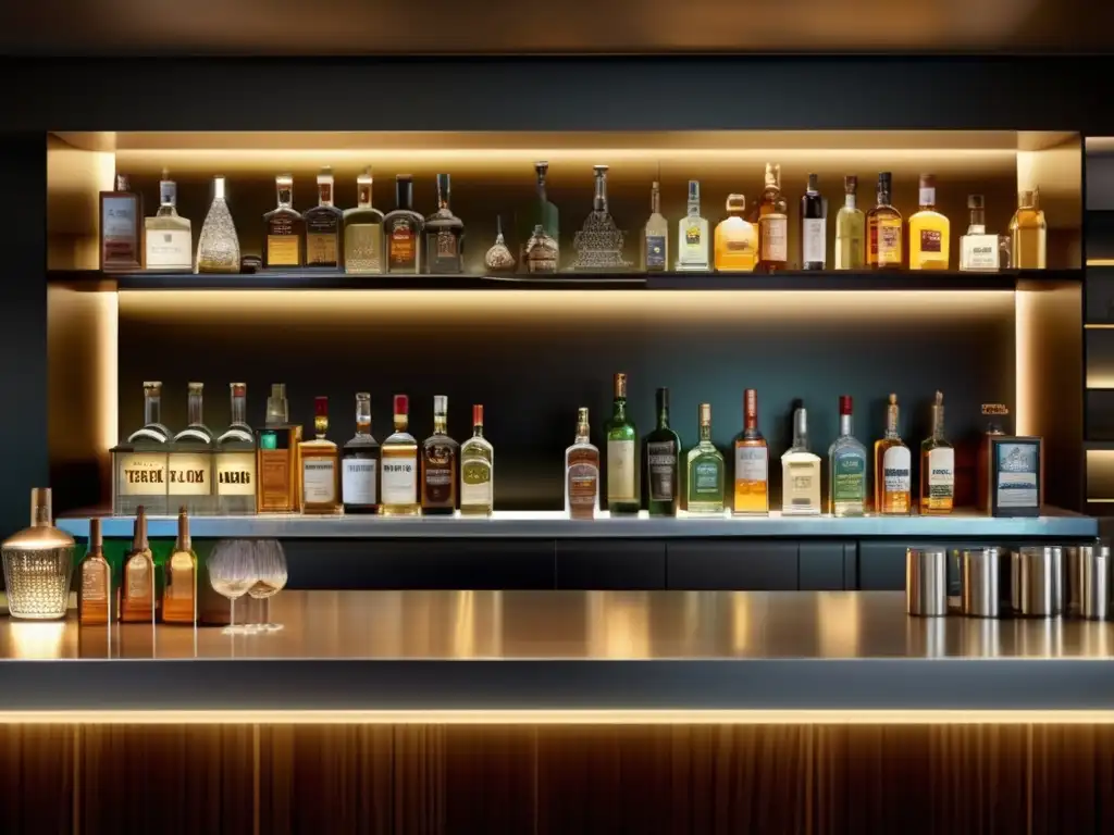 Barra de bar elegante con tequila y mezcal Oportunidades en tequila y mezcal: barra moderna con botellas de marcas y sabores, iluminación suave y sofisticación