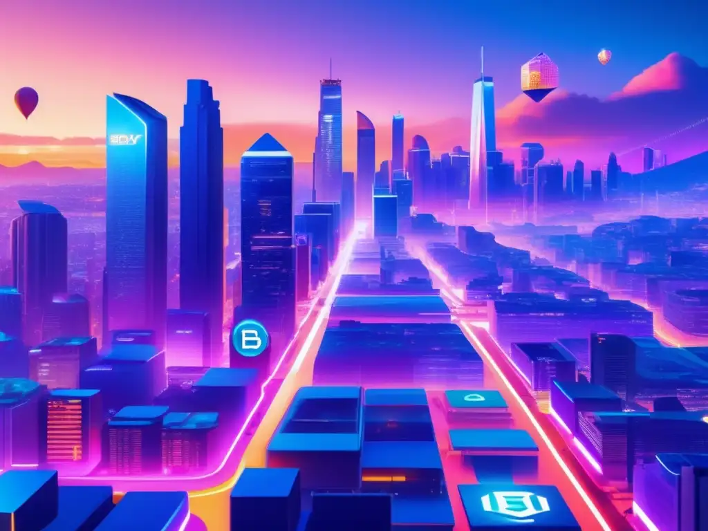 Futuro ciudad con tecnología blockchain Oportunidades únicas en Blockchain en ciudad futurista al anochecer