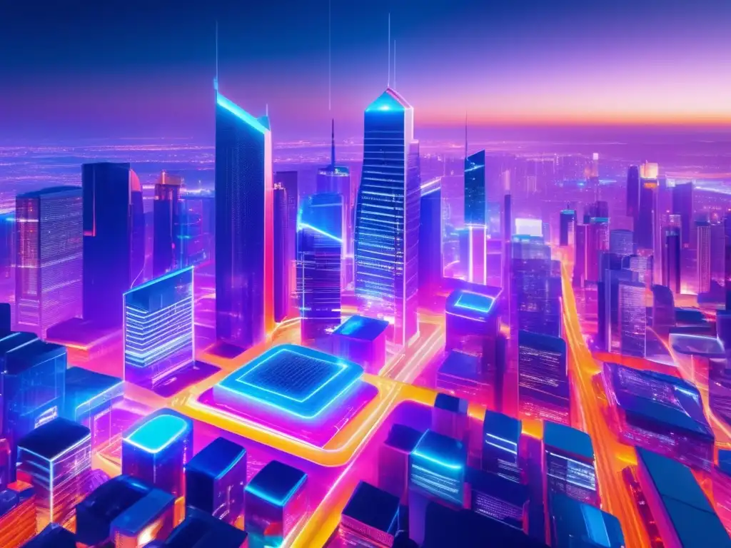 Futura ciudad nocturna con rascacielos transparentes y luces de neón Oportunidades únicas en Blockchain: Futurista ciudad nocturna con rascacielos de vidrio, iluminados por luces de neón vibrantes