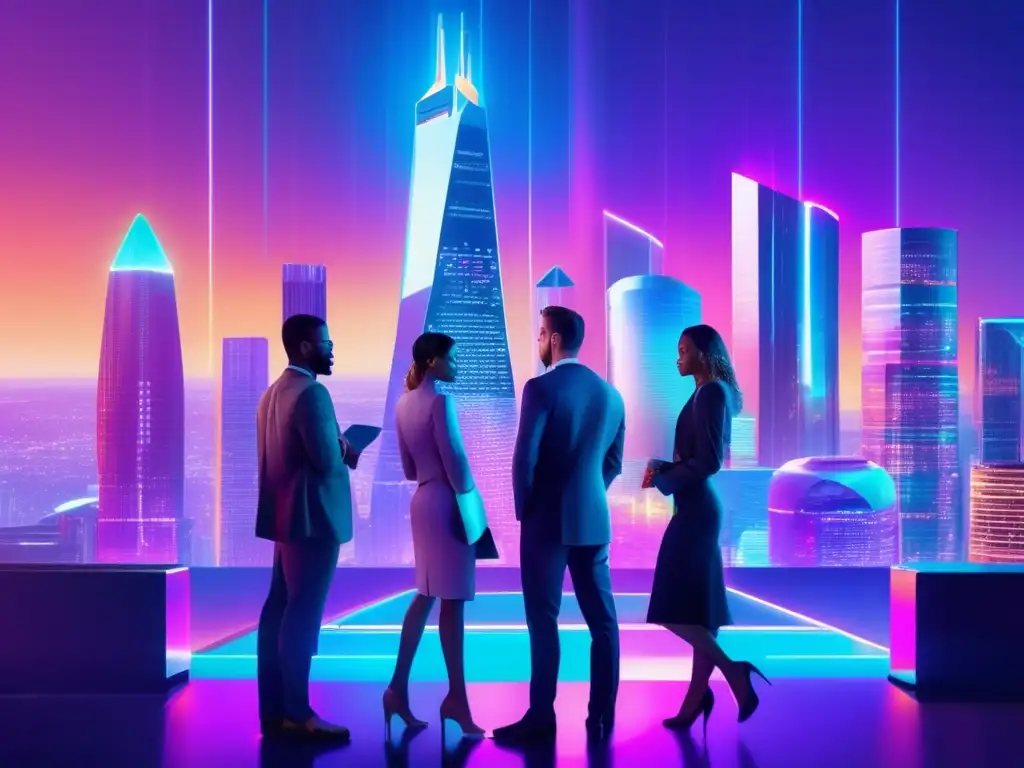 Futuro de inversiones en criptomonedas Oportunidades únicas en Blockchain: Futurista ciudad con rascacielos de vidrio y acero, criptomonedas holográficas y profesionales discutiendo