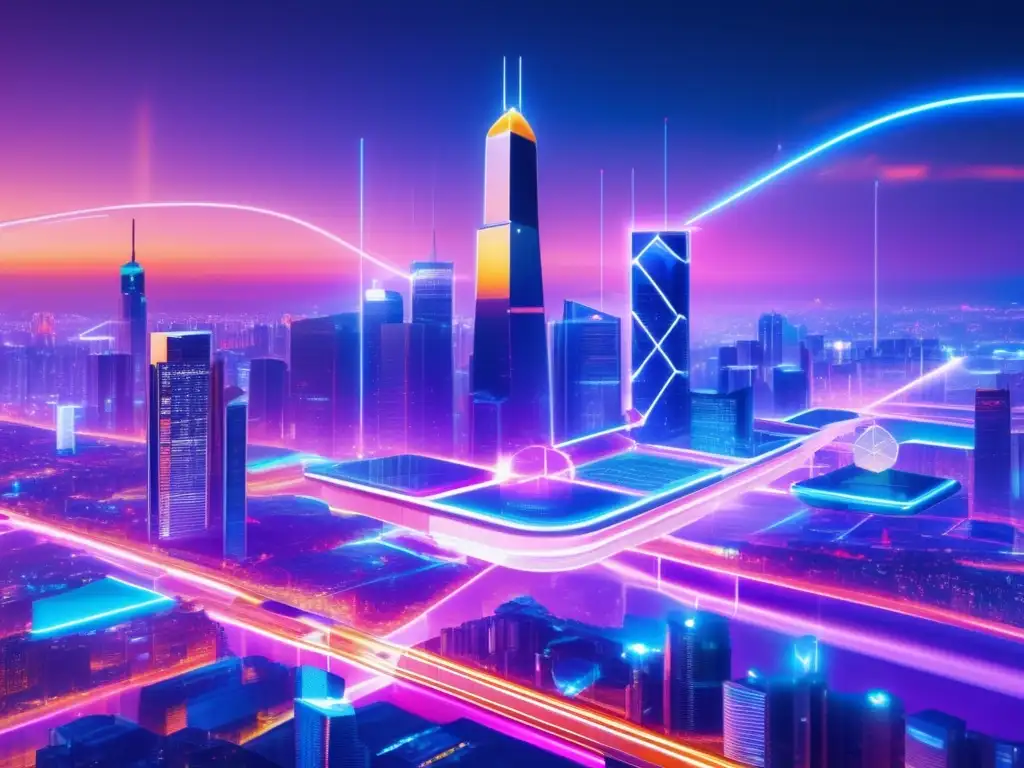 Ciudad futurista con blockchain y hologramas Oportunidades únicas en Blockchain: Futurista ciudad con rascacielos iluminados por luces de neón, nodos interconectados y representaciones holográficas de transacciones financieras, registros médicos y operaciones logísticas