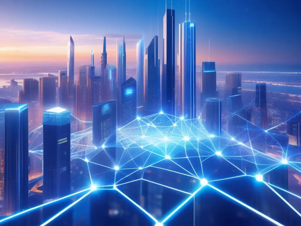 Ciudad futurista con tecnología blockchain Oportunidades únicas en Blockchain: ciudad futurista con rascacielos, tecnología de blockchain y flujo de datos seguro y transparente