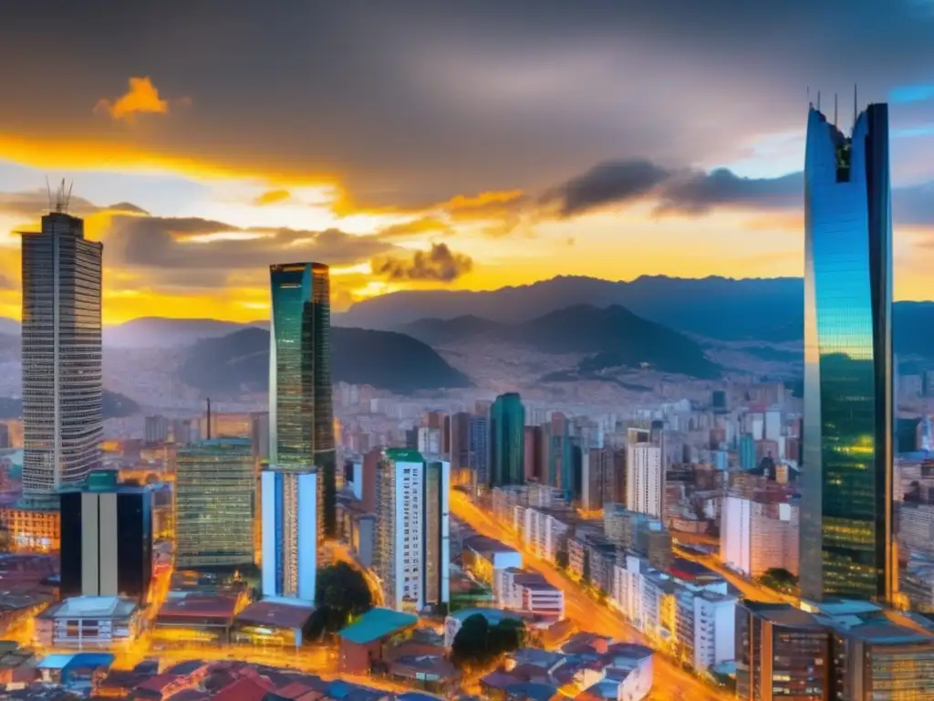 Calles bulliciosas de Bogotá: economía vibrante Oportunidades de inversión en Colombia: imagen vibrante de las calles bulliciosas de Bogotá, con rascacielos y actividad económica