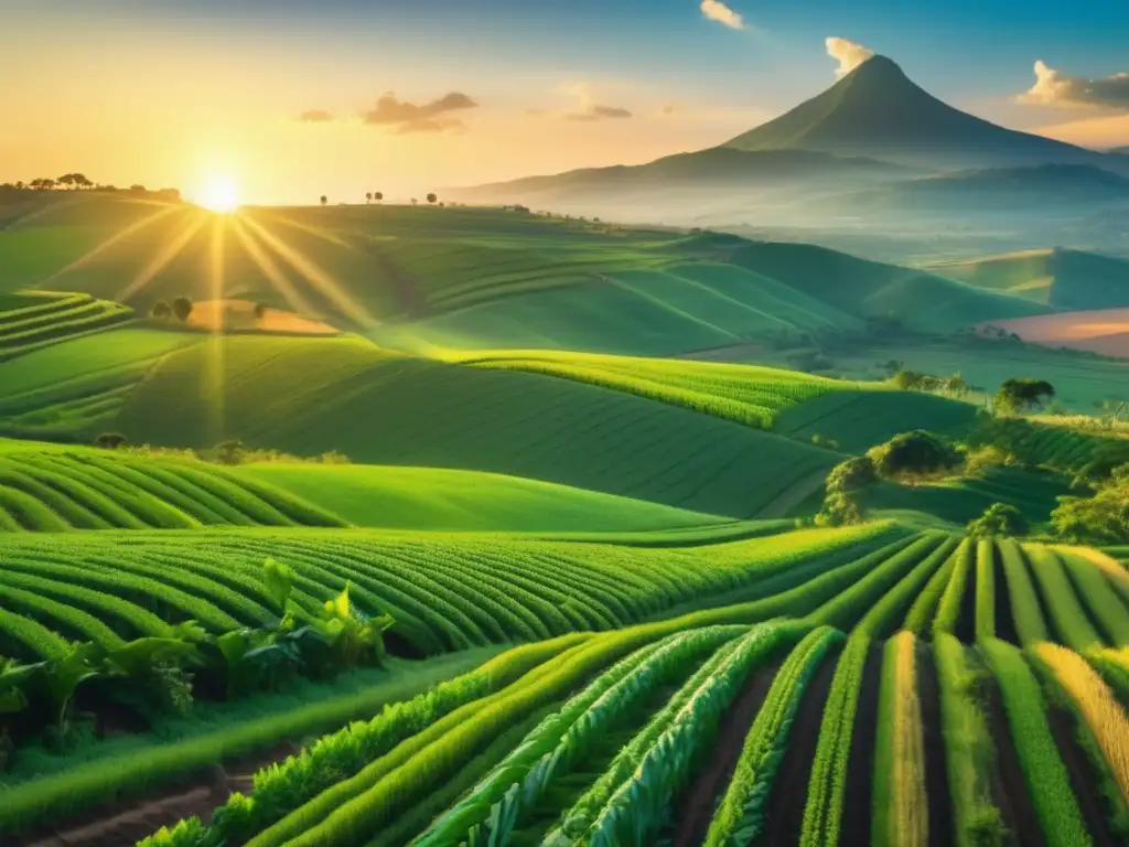 Paisaje agrícola latinoamericano: tierras fértiles y oportunidades Oportunidades de inversión agrícola en Latinoamérica: paisaje agrícola vibrante con campos verdes, cultivos alineados y montañas de fondo