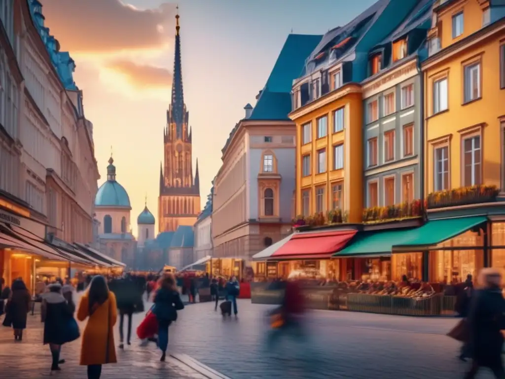 Ciudad europea vibrante con gente diversa y arquitectura impresionante Oportunidades de inversión en Europa del Este, vibrante ciudad con arquitectura tradicional y moderna en un ambiente próspero