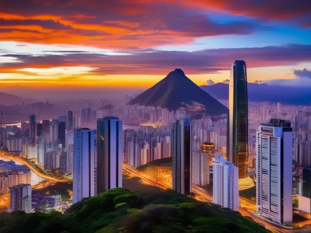 Ciudad dinámica y vibrante en Latinoamérica con puesta de sol Oportunidades de inversión en América Latina: vibrante ciudad con rascacielos modernos y cultura diversa