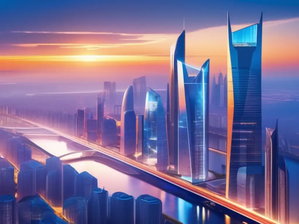 Ciudad futurista en Europa del Este Oportunidades de inversión en Europa del Este: vibrante y futurista ciudad con rascacielos de vidrio y acero, gente caminando en puentes peatonales futuristas y vehículos eléctricos en las calles, destacando el potencial de crecimiento y prosperidad en la región