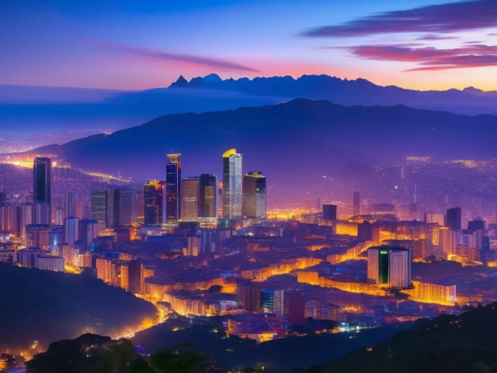 Impresionante ciudad de Bogotá al atardecer Oportunidades de inversión en Colombia: Ciudad vibrante de Bogotá al anochecer, con rascacielos modernos, monumentos icónicos y una economía próspera