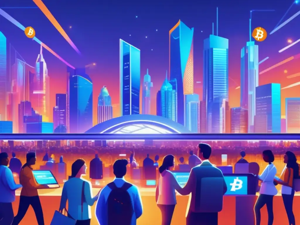 Adopción de Bitcoin en la ciudad: Futurista y moderna Origen Bitcoin: Impacto Finanzas - Bitcoin en ciudad futurista, transacciones, competidores, volatilidad