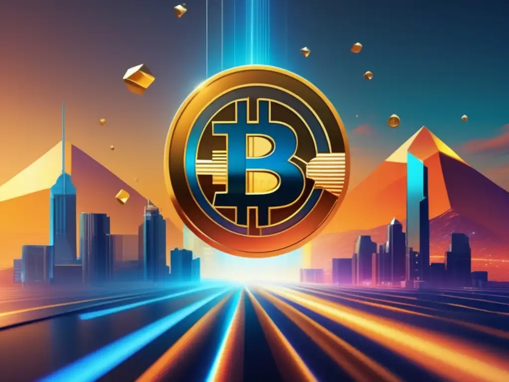 El nacimiento de Bitcoin y su impacto en el mundo financiero Origen Bitcoin: Impacto Finanzas - Futuro digital, criptomoneda, innovación, tecnología, blockchain, ciudad futurista, transacciones en tiempo real