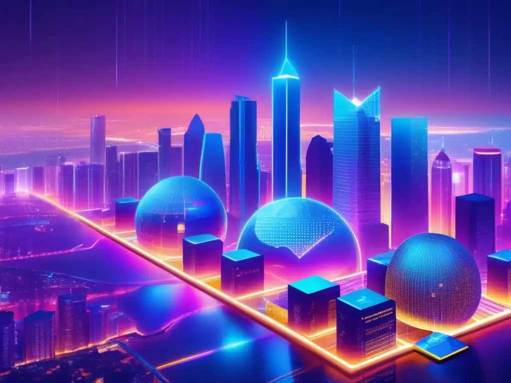 Ciudad futurista con rascacielos y Bitcoin Invertir en oro vs bitcoin: guía definitiva en tiempos de crisis