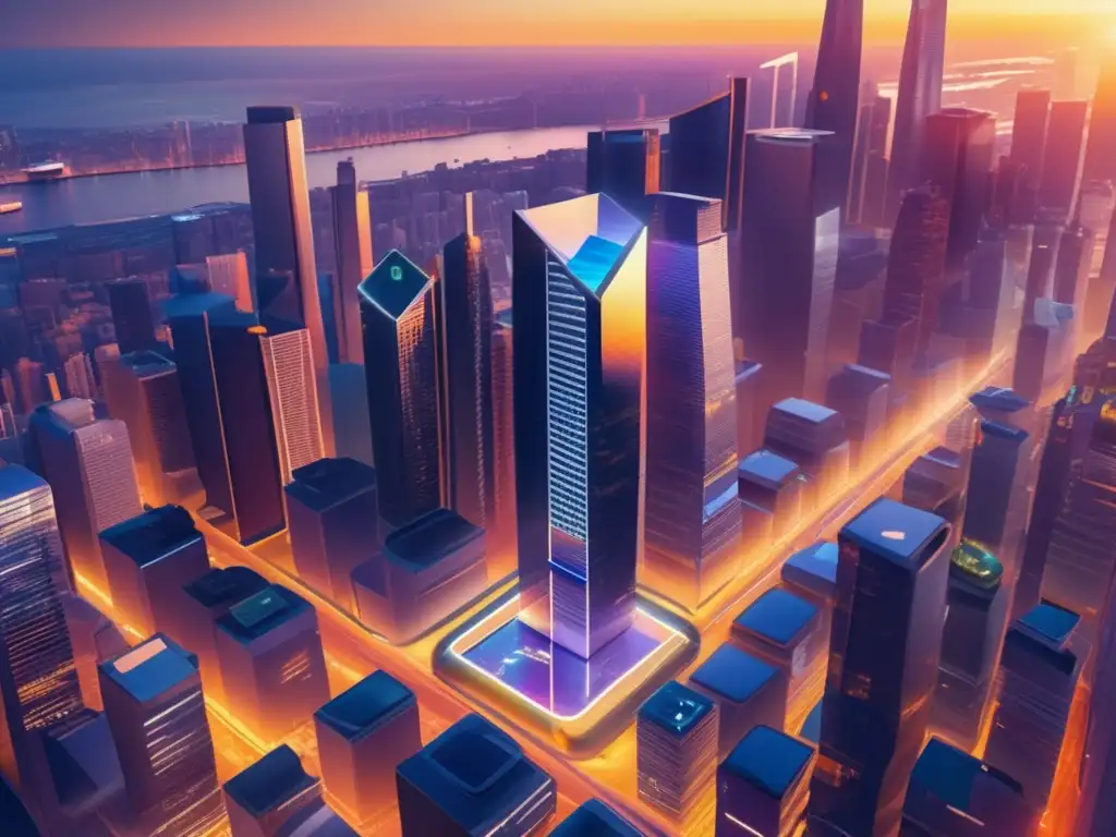 Ciudad futurista: fintech y pagos móviles Pagos móviles fintech revolucionan dinero en ciudad futurista con rascacielos, personas sonriendo y usando smartphones