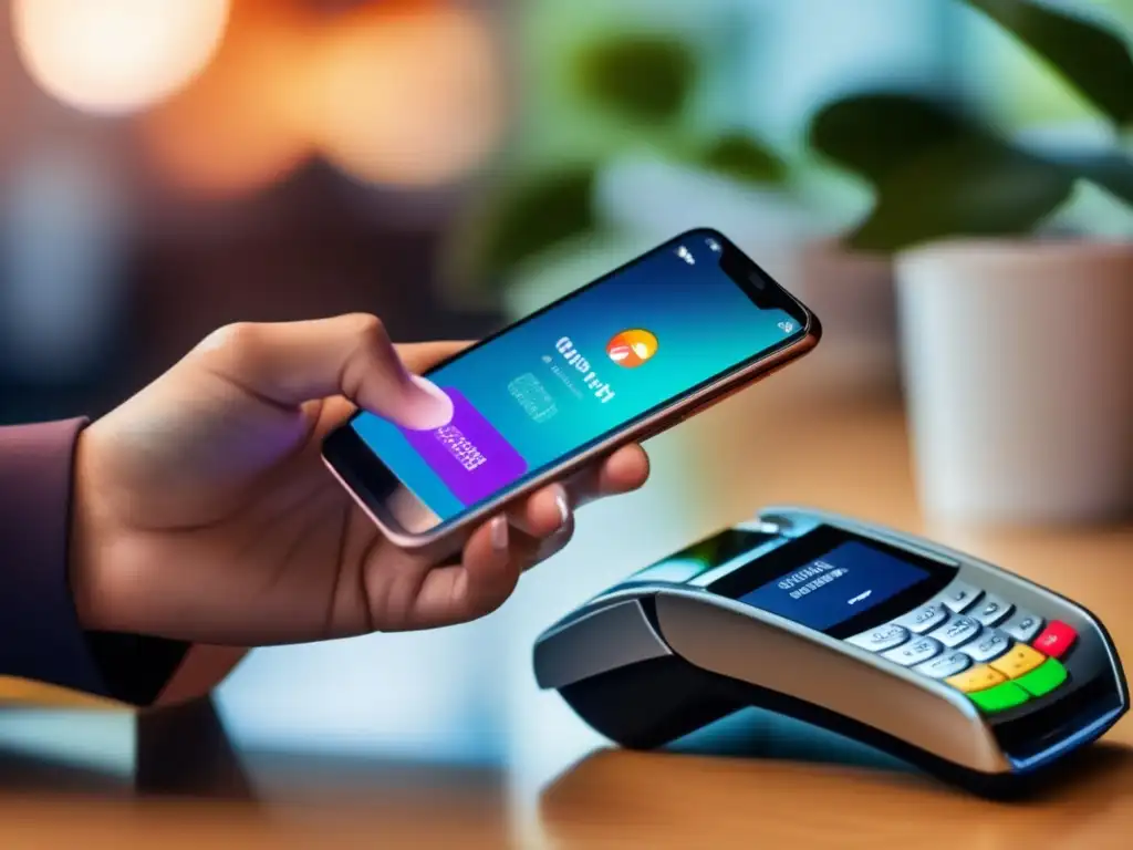 Pago móvil seguro con fintech Pagos móviles fintech revolución dinero, persona usa dispositivo para hacer pago, interfaz moderna y colores vibrantes