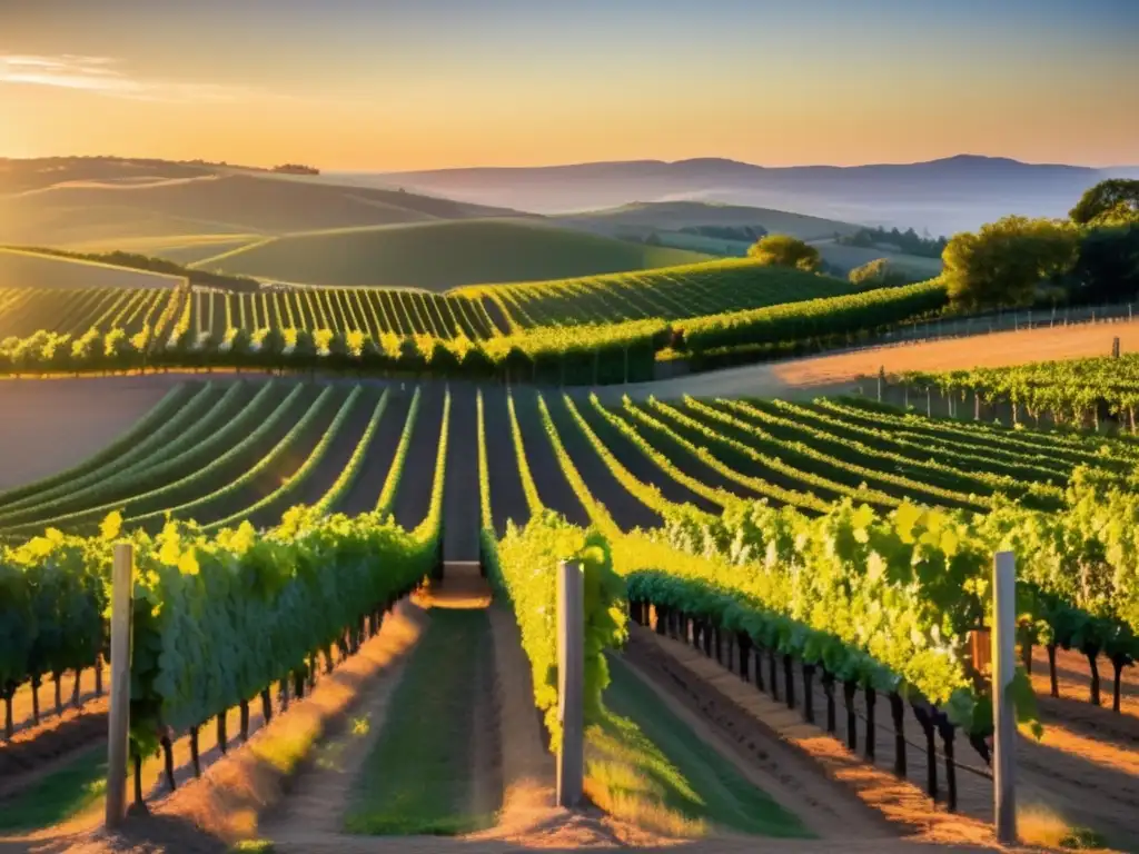 Viñedo dorado al atardecer Un paisaje cautivador de un viñedo al atardecer, con filas y filas de exuberantes y vibrantes viñedos que se extienden hacia el horizonte