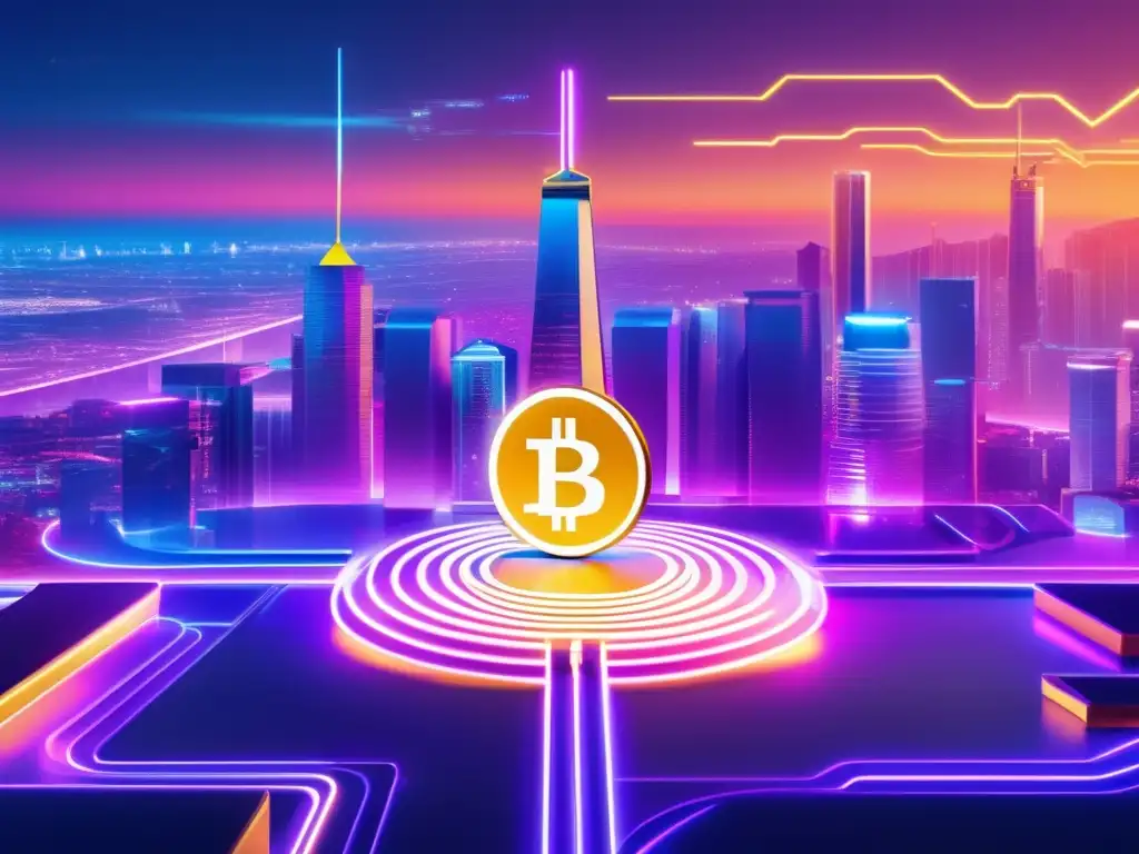 Herencia de activos digitales en criptomonedas Paisaje digital con ciudad futurista iluminada por luces neón, enfatizando la herencia de activos digitales y las leyes de herencia en cripto