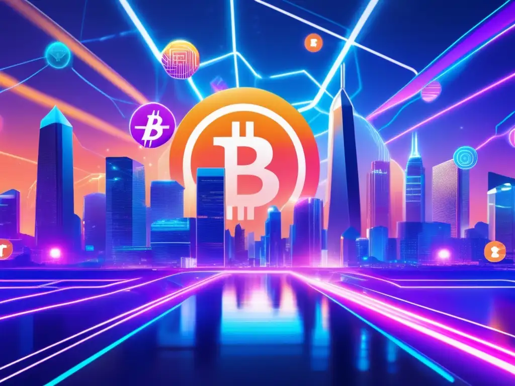 Paisaje digital criptográfico Paisaje digital criptoactivo: ciudad futurista, criptomonedas en movimiento, normativa criptoactivos España