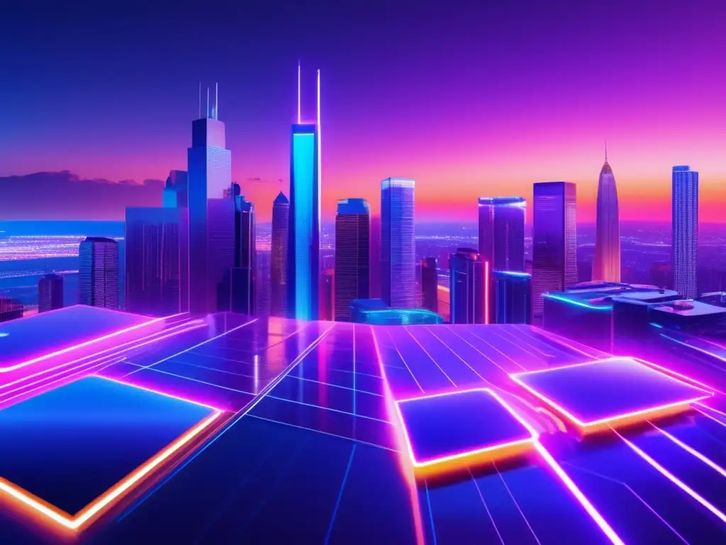 Paisaje digital moderno con rascacielos y criptomonedas Paisaje digital con criptomonedas: Mejores criptomonedas para inversiones rápidas