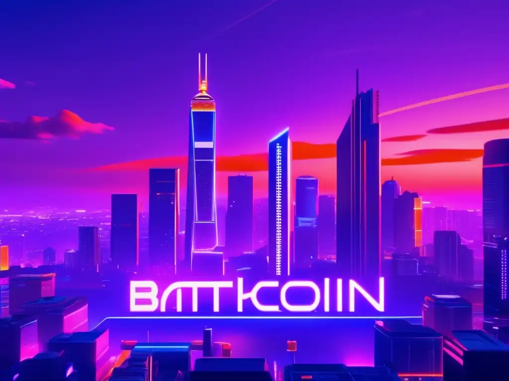 Ciudad futurista con rascacielos y símbolos de altcoins Paisaje digital futurista con altcoins, reflejo del rendimiento histórico y análisis financiero