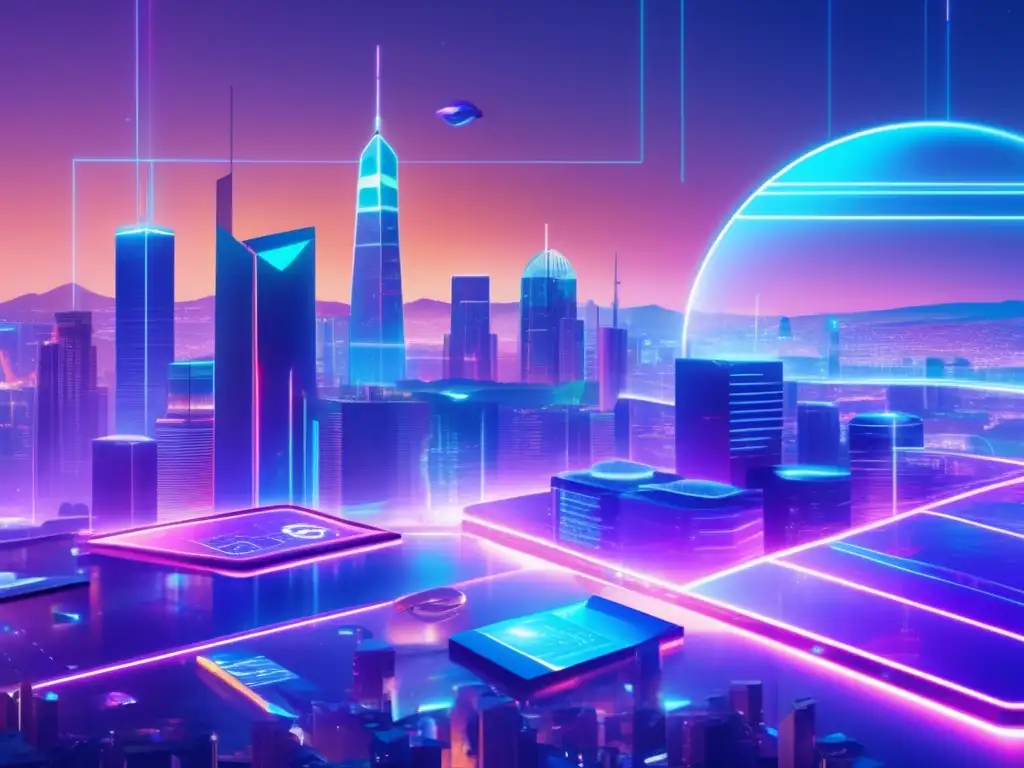 Futuro digital: Ciudad blockchain Paisaje digital futurista con oráculos blockchain para criptomonedas