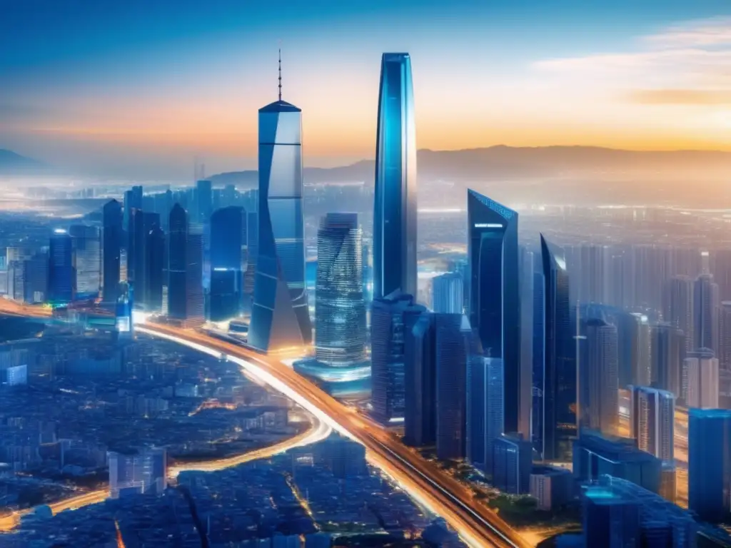 Futurista ciudad digital con globo tridimensional Paisaje digital futurista con ciudad holográfica, nodos de Ontology y seguridad en identidad digital