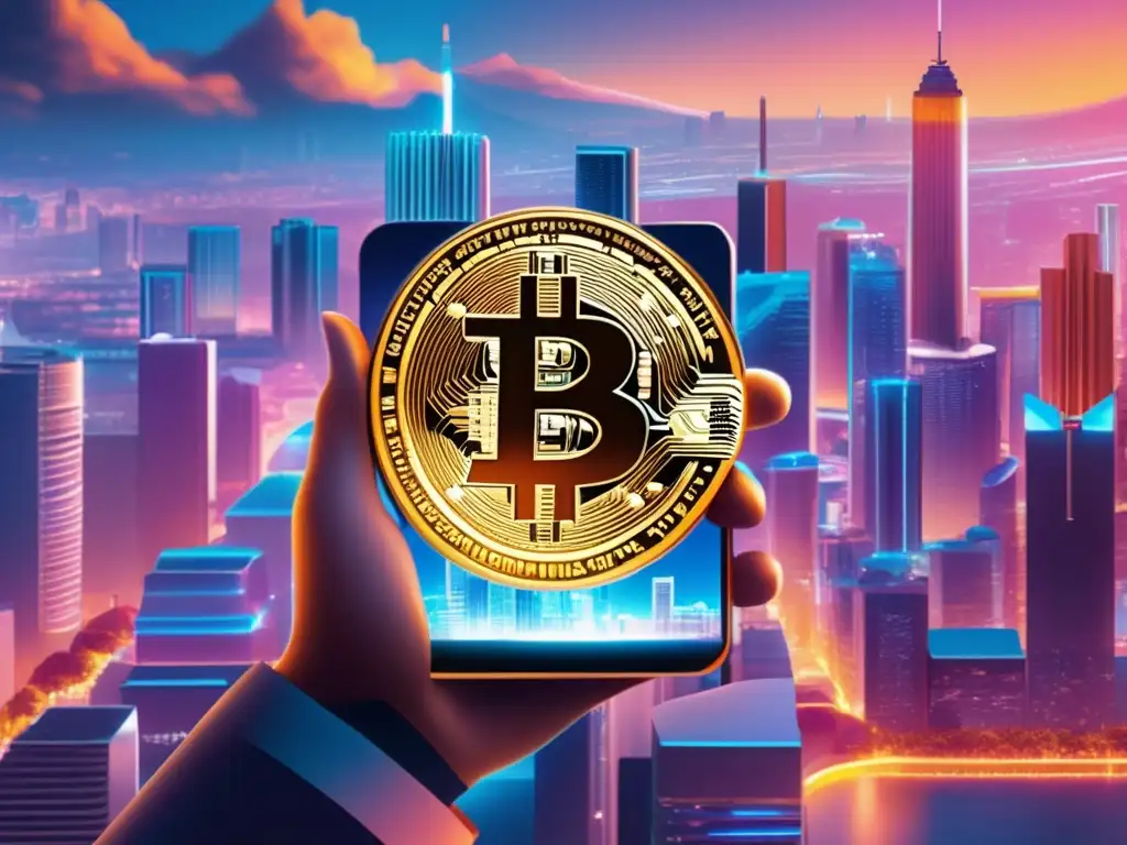 Ciudad Bitcoin: Guía completa criptomonedas Paisaje digital futurista con ciudad Bitcoin y guía completa para principiantes en economía digital
