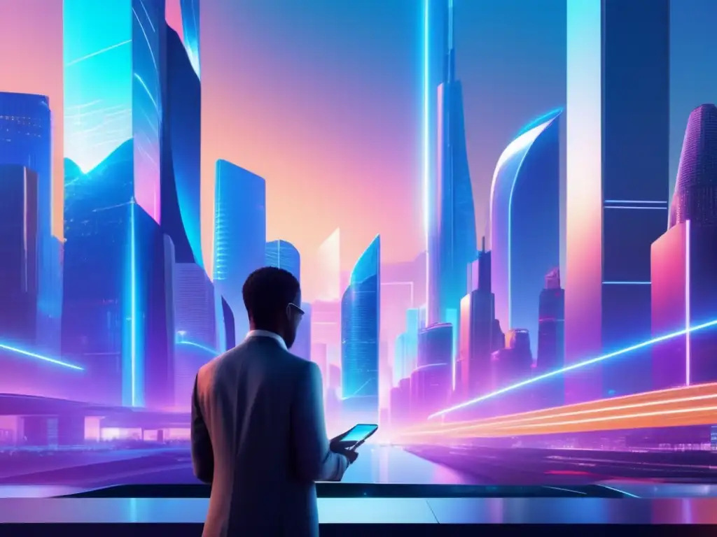 Ciudad futurista con tecnología de herencia digital Paisaje digital futurista con ciudad moderna de líneas de luz, hologramas y una persona segura con smartphone
