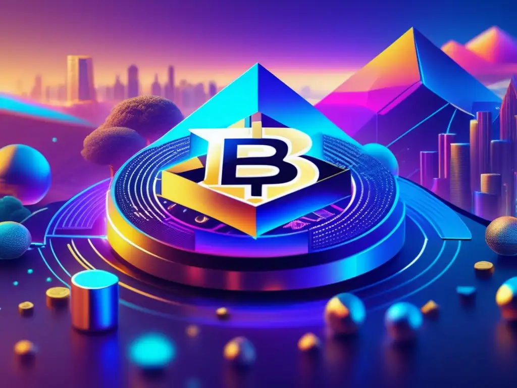 Criptomonedas flotantes en paisaje digital futurista Un paisaje digital futurista con criptomonedas flotando en el aire, destacando la variedad y elección de las mejores prácticas en staking financiero