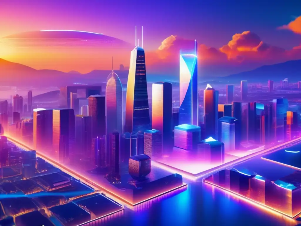 Paisaje digital futurista con criptomonedas y stock markets Paisaje digital futurista con criptomonedas y bolsa: Diversificación inteligente