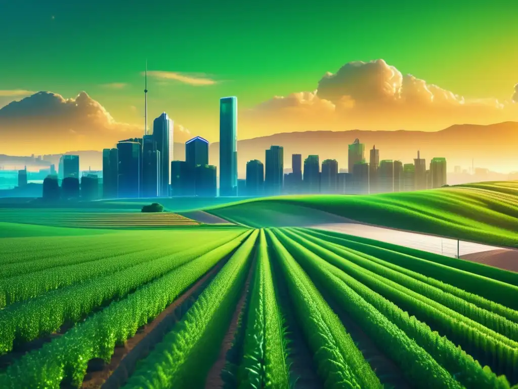 Paisaje futurista de granja y ciudad tecnológica Paisaje digital futurista con granjas y rascacielos, símbolo de la revolución del yield farming en criptoactivos