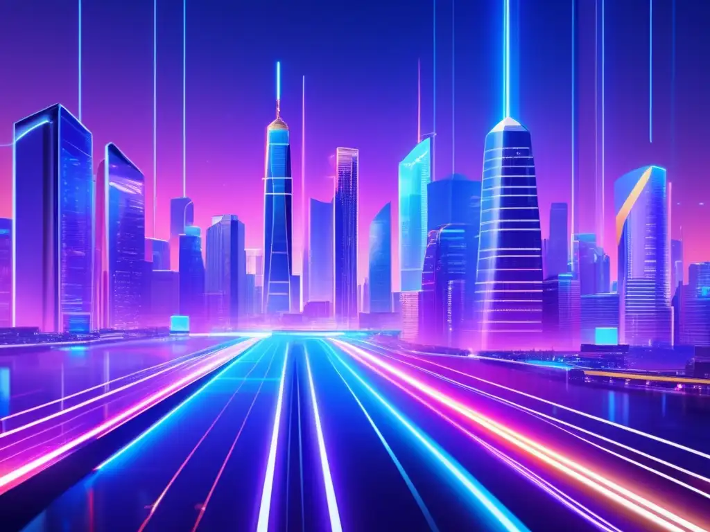 Metrópolis futurista con rascacielos y criptomonedas Paisaje digital futurista con metrópolis iluminada por luces neón