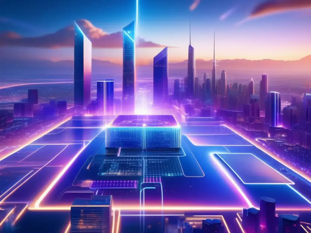 Paisaje futurista con quantum computing y criptomonedas Paisaje digital futurista con ordenador cuántico y seguridad criptomonedas cuánticas preparados