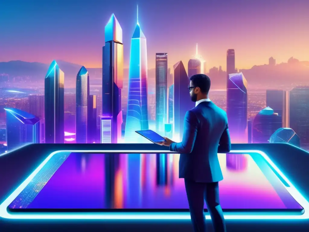 Futuro digital de criptomonedas Paisaje digital futurista con rascacielos de vidrio y acero, hologramas de criptomonedas y recompensas de staking