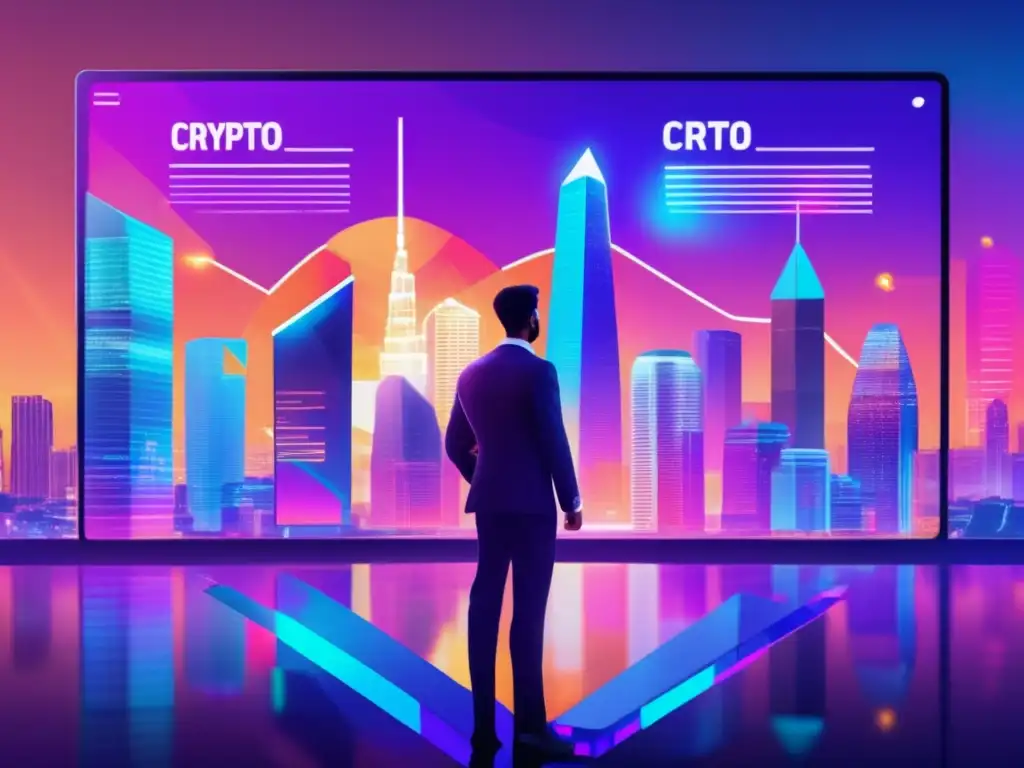 Futuro financiero: criptoinversiones Paisaje digital futurista con rascacielos de símbolos criptográficos y pantallas de precios