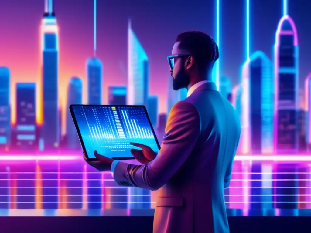 Futuro digital y criptomonedas Paisaje digital futurista con rascacielos de código binario y luces neón, representando leyes de herencia en cripto