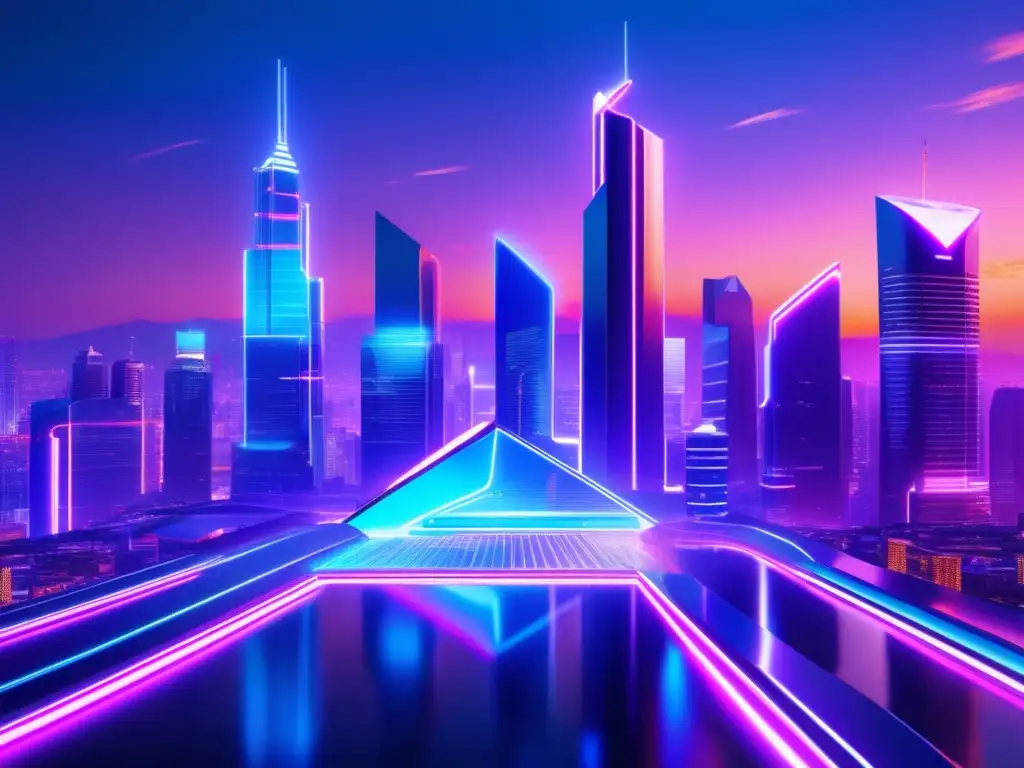 Futuro digital: Identidad y confianza Paisaje digital futurista con rascacielos de vidrio y metal, hologramas y luces neón