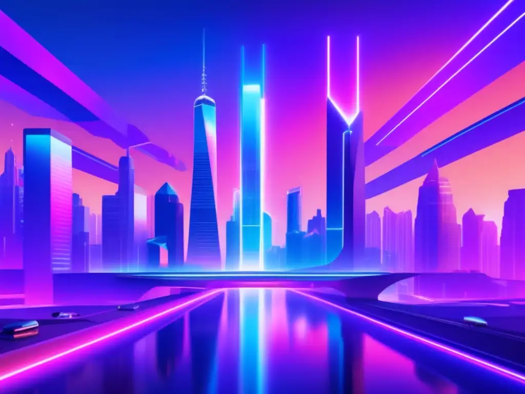 Futurista paisaje digital con rascacielos holográficos Paisaje digital futurista con rascacielos holográficos y tecnología de staking en criptomonedas