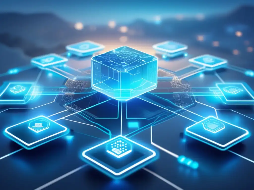 Paisaje digital futurista con red blockchain transparente Paisaje digital futurista con red blockchain transparente, nodos seguros y amenazas de ciberseguridad