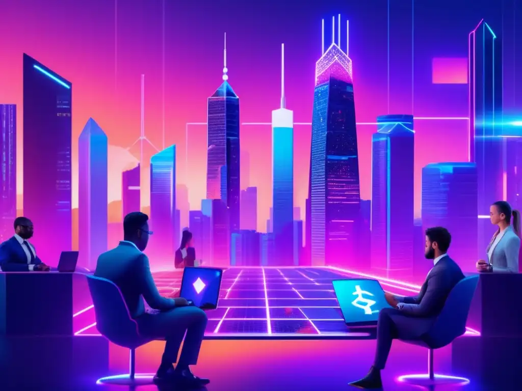 Futuro de Blockchain: Inversionistas y Tecnología Paisaje digital futuro con rascacielos blockchain y criptomoneda