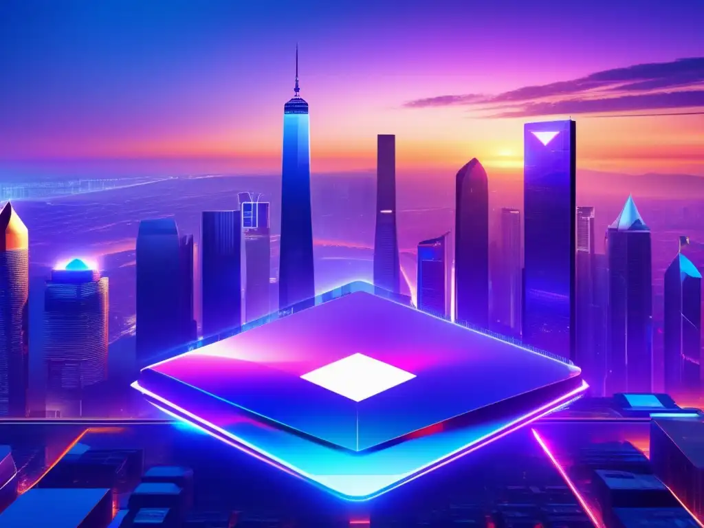 Futurista paisaje digital con ciudad holográfica Paisaje digital moderno con rascacielos futuristas, estabilidad y regulación en el mundo de las stablecoins
