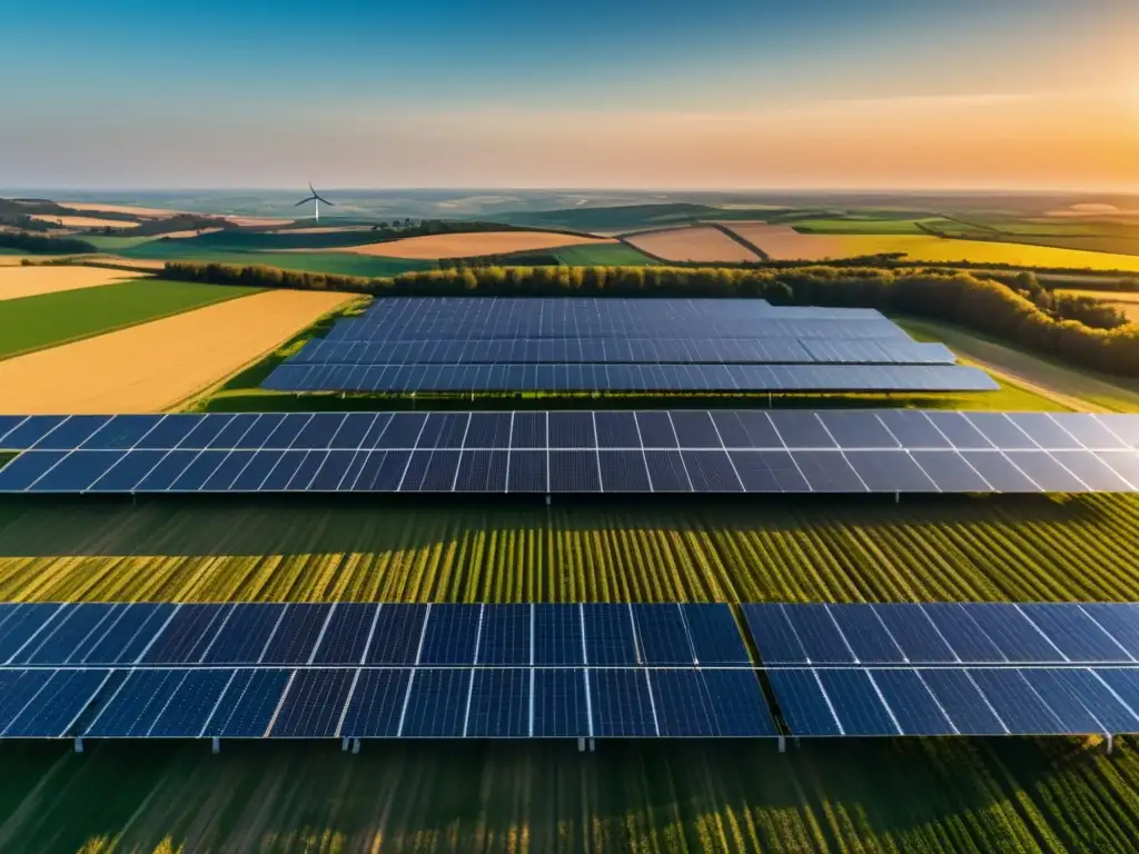 Energía solar y eólica en el campo europeo Paisaje europeo con paneles solares y molinos de viento, símbolo de inversión en energía renovable