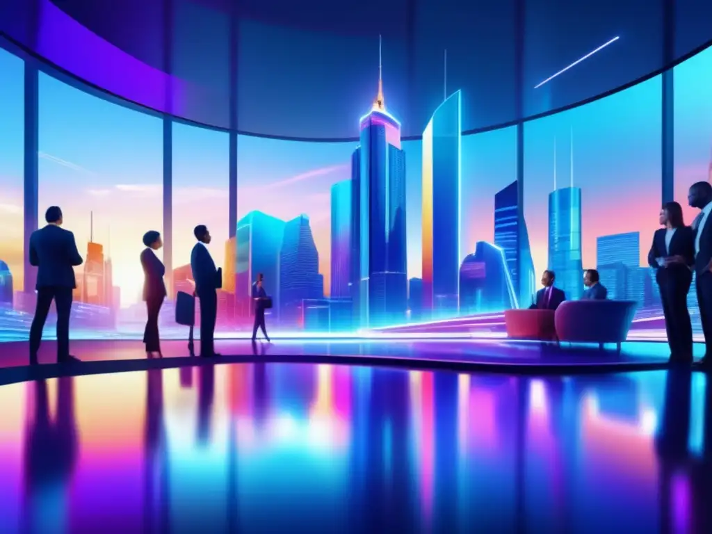 Futuro financiero diverso y vibrante Paisaje financiero futurista con profesionales diversificados analizando datos y gráficos en hologramas