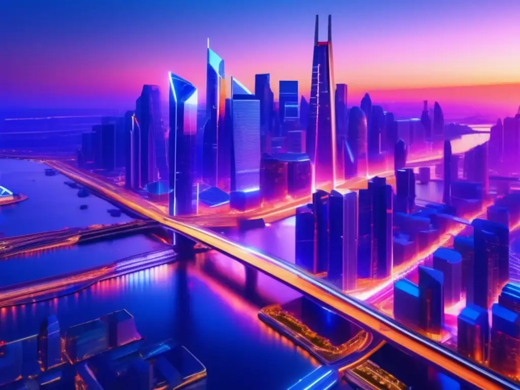 Ciudad financiera futurista al atardecer Un paisaje financiero futurista con rascacielos de vidrio y acero, datos de mercado en tiempo real y un inversor seguro con una tablet